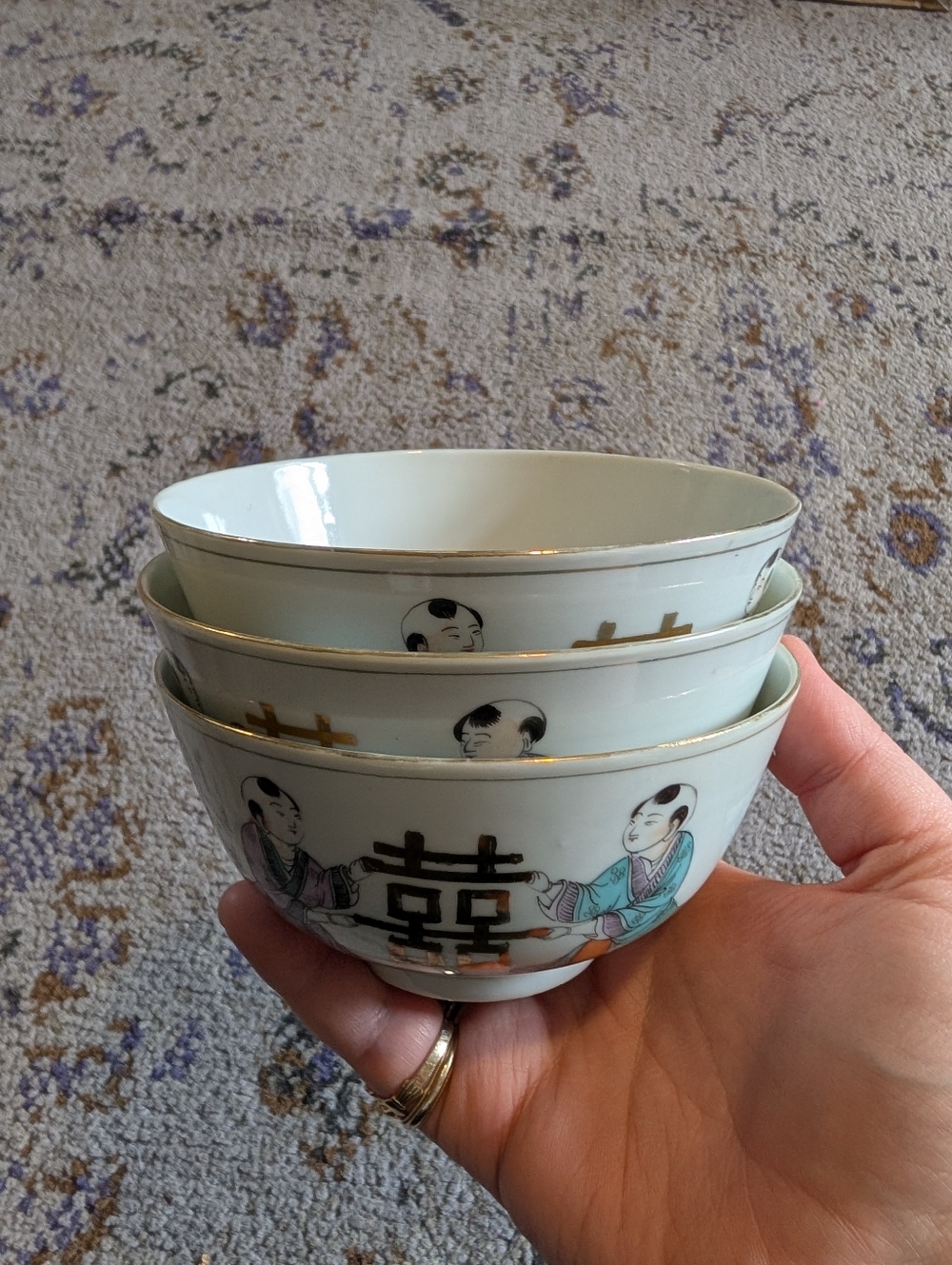 Vintage Double Happy Fine China Rice Bowls — Set Of 3